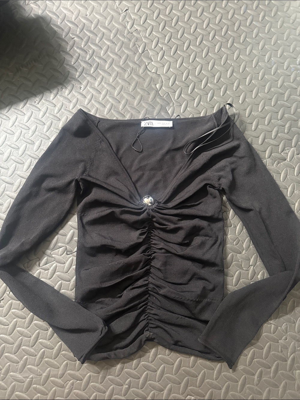 Zara Black Ruched Long Sleeve Top with Center Decorative Button